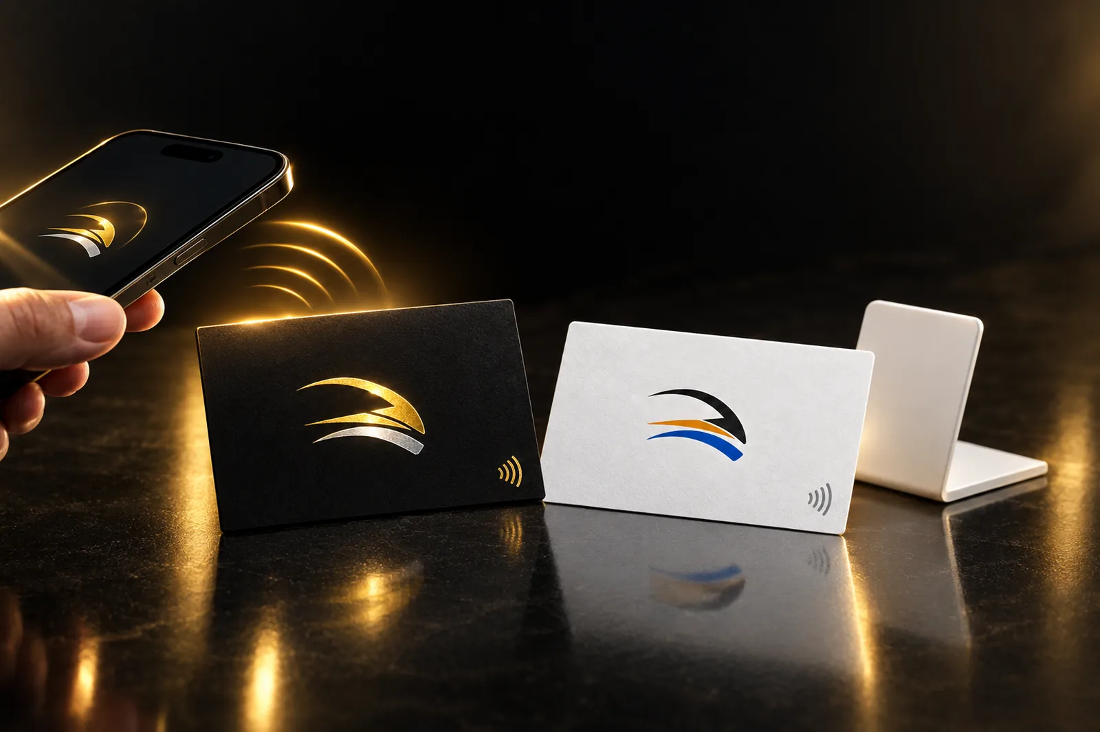 Tarjeta NFC negra con acabado dorado y tarjeta blanca junto a un celular que las lee sin contacto